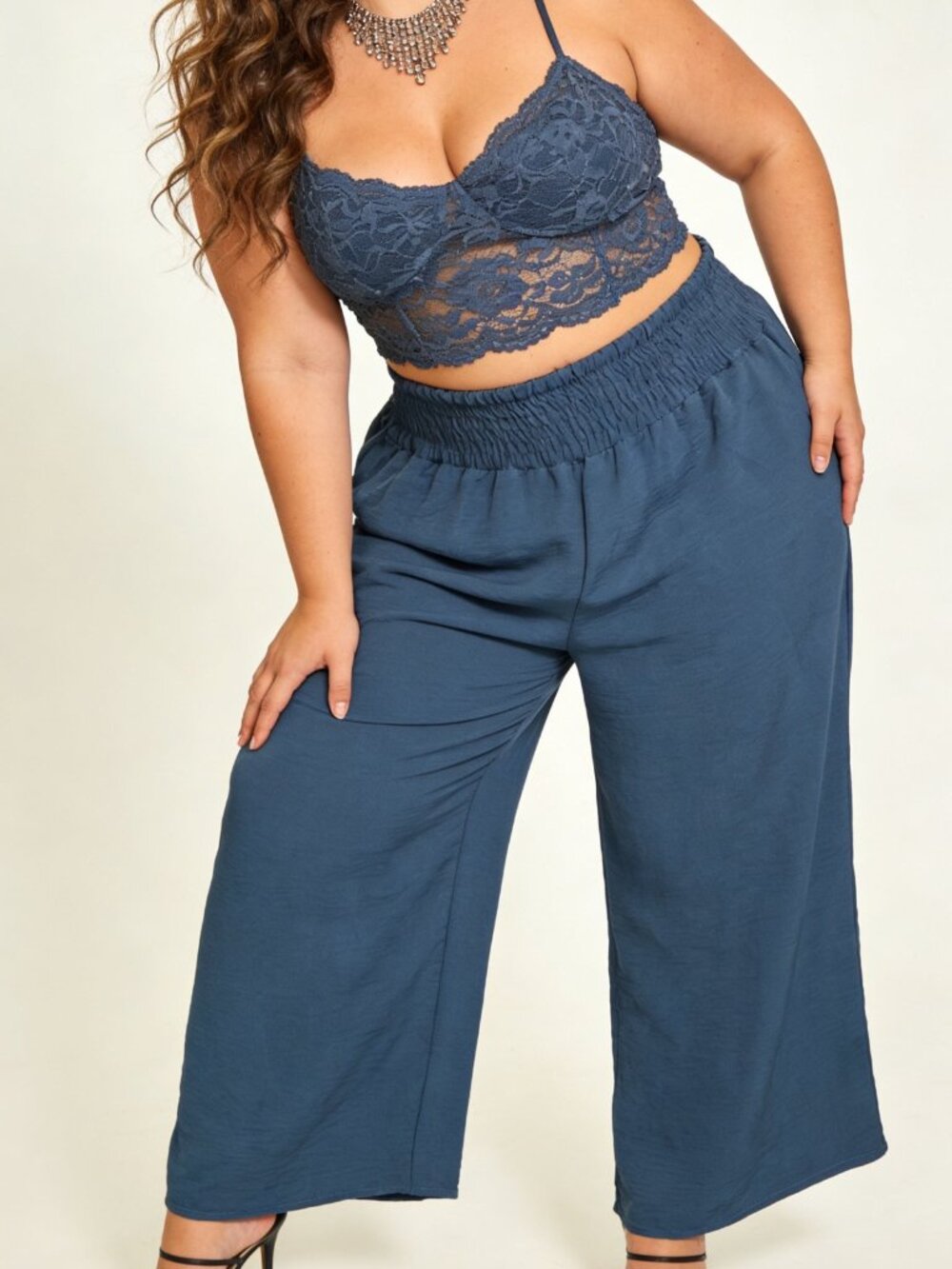 Italian Smocked Wide-Leg Palazzo Pants in Denim Blue Plus Size